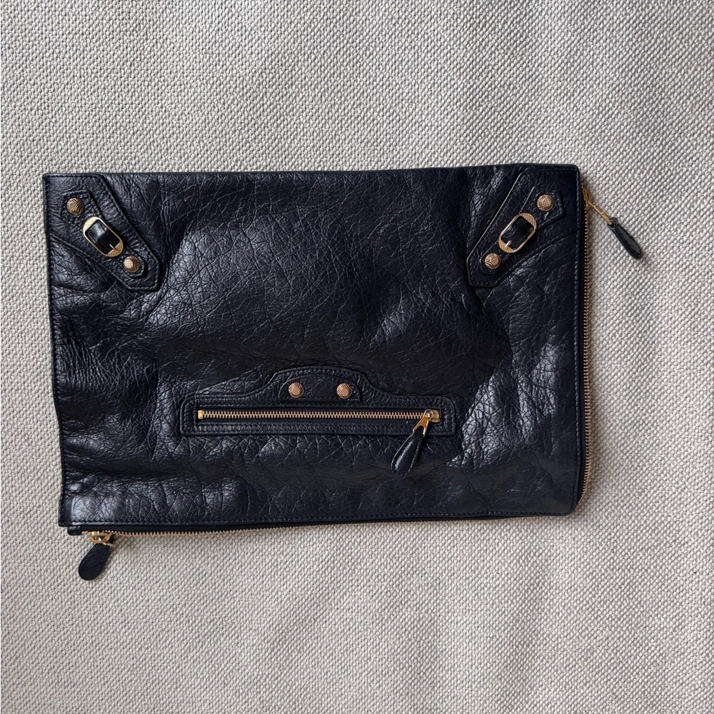 Balenciaga Black Leather Clutch with Gold Accents